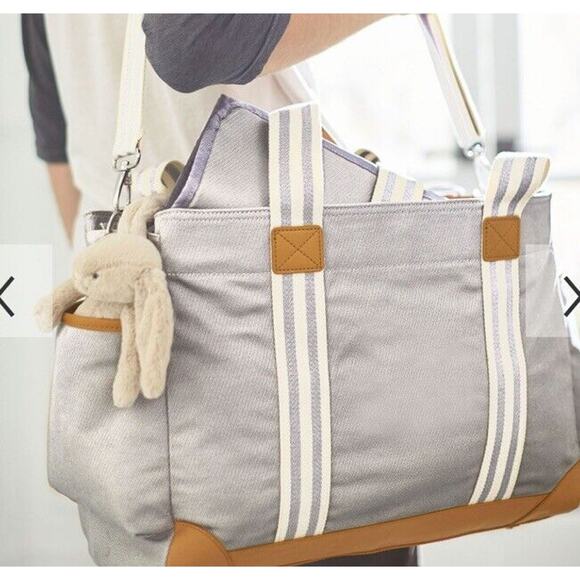 NWT Pottery Barn Classic Diaper Bag Tote Canvas Leather Embroidered “T” Monogram - Picture 4 of 16